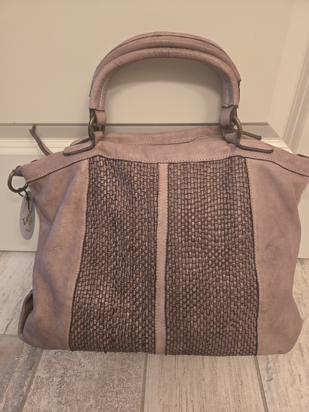 Blush Woven-Front Satchel Handbag